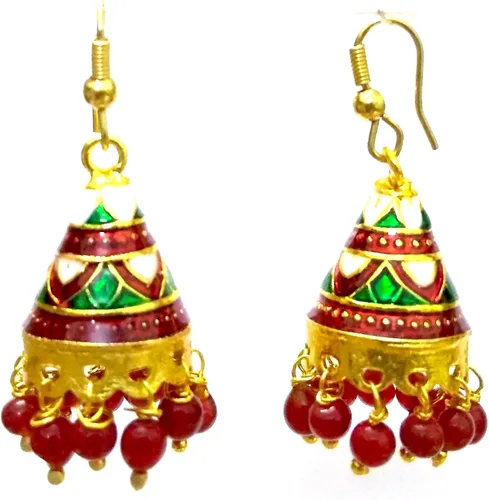 Vista 2 de DESI HAWKER Meenakari Minakari Pintura de esmalte dorado hecho a mano pendientes Bali Jhumki Jhumka joyería Bollywood indio étnico gota colgante
