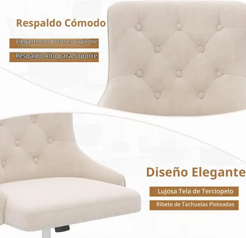 Vista 4 de Silla de escritorio de terciopelo, silla giratoria ajustable tapizada para Beige