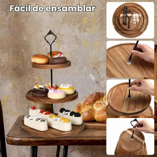 Vista 3 de Zopeal Juego de 3 soportes de madera para cupcakes de 3 niveles, bandeja de madera rústica para servir postres de granja, soporte para torre