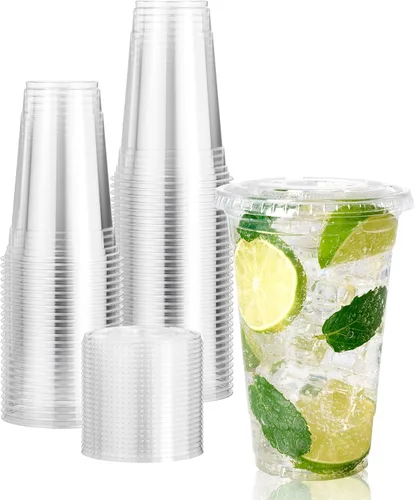 Vista 9 de Vplus Paquete de 200 vasos de plástico transparente PET de 12 onzas con tapas, vasos de plástico desechables en frío de 12 onzas con tapas planas