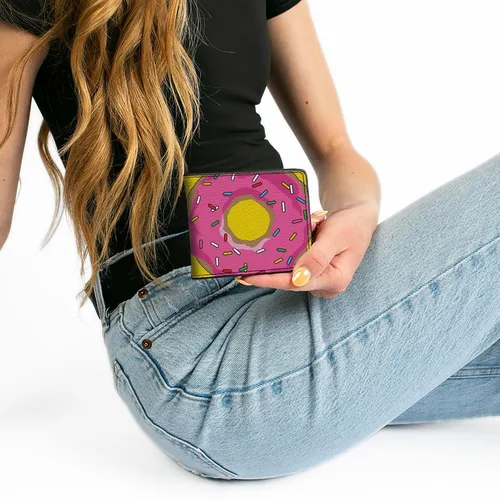 Vista 7 de Buckle-Down Billetera para hombre, plegable, color rosa glaseado rosado rosado, color amarillo, cuero vegano, 4.0 x 3.5 pulgadas, Donas, Buckle-down