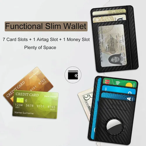 Vista 3 de Aunote Billetera AirTag de piel auténtica con bloqueo RFID, bolsillo con caja de regalo para hombres y mujeres, de fibra de carbono, Negro