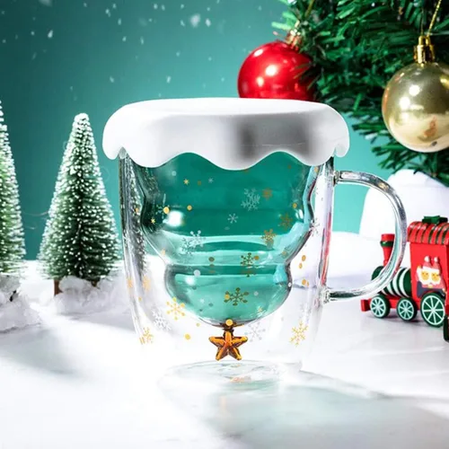 Vista 4 de MUCHENGGIFT Bonita taza de café con diseño de árbol de Navidad, taza de té y leche con aislamiento de doble pared, taza de espresso, el mejor regalo