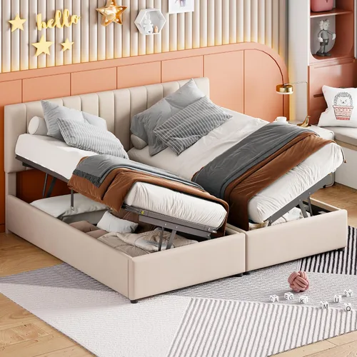 Vista 10 de Harper & Bright Designs Base de cama con plataforma de almacenamiento elevable de tamaño individual con cabecera capitonada de canal vertical Beige