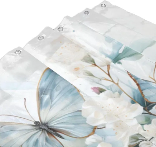 Vista 3 de YLATY3718 - Cortina de ducha de mariposa azul para baño, juego de cortina de ducha bohemia con flores blancas y hojas verdes, tela abstracta moderna