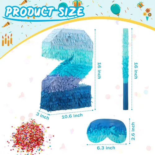 Vista 2 de Sratte Piñata Número 1 2 3 4 5 6 7 8 9 con Palo, Venda para los Ojos, Confeti, Piñata Azul Degradado para Niños y Niñas Fiestas de Cumpleaños