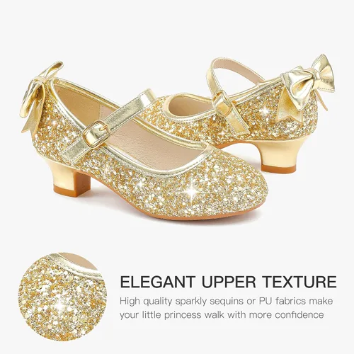 Vista 4 de Dufannie Zapatos de vestir para niñas, zapatos de tacón bajo de princesa, zapatos planos con purpurina para bodas y fiestas