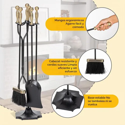 Vista 4 de [Usado] nalone Juego de 5 herramientas para chimenea, asas de latón, accesorios de chimenea de hierro forjado con póquer, pinzas, pala, cepillo