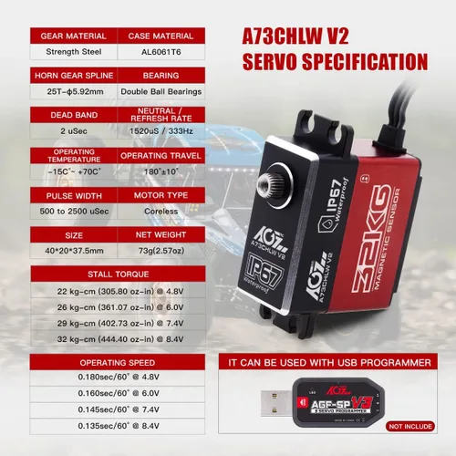 Vista 2 de AGFRC A73CHLW V2 70.5 lbs Servo de dirección RC sin núcleo de alto esfuerzo de torsión y programador servo AGF-SPV3