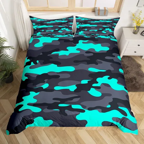 Vista 27 de Erosebridal Juego de funda de edredón de camuflaje verde azulado, negro, gris, camuflaje, funda de edredón de camuflaje militar, tamaño individual