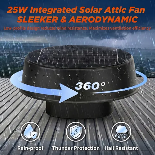 Vista 2 de Ventilador solar de ático de 12 pulgadas con termostato y control remoto, ventilador de ventilación de techo solar de 1200 CFM con panel solar de 25