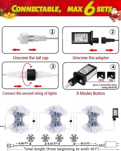 Vista 7 de 100 luces LED de copo de nieve, luces de cadena de hadas de copo de nieve de 32 pies, 8 modos con enchufe, luces de cadena de Navidad, luz