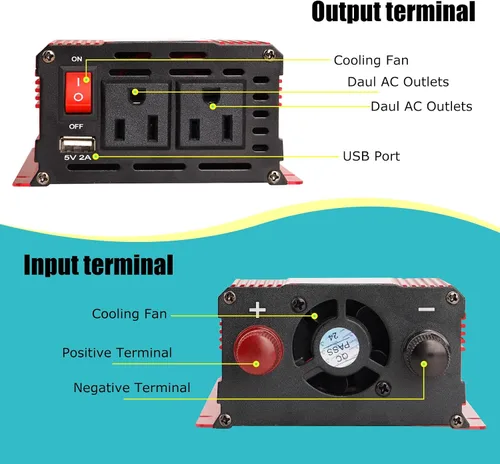 Vista 4 de nomal Inversor de corriente para automóvil de 1200 W, convertidor de CC de 12 V a 110 V CA con pantalla LCD y salidas de CA, inversor de 12 voltios