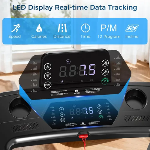 Vista 11 de Cinta de correr con 0-16% de inclinación automática, 0.6-7.5 MPH caminadora para el hogar, 3.0 HP de bajo ruido plegable con barra de mango y Negro