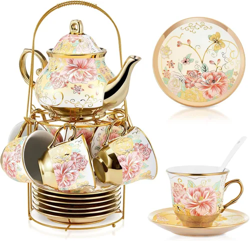 Vista 26 de Zhehao Juego de té de porcelana de 20 piezas con soporte de metal y cuchara para adultos, juego de té de cerámica para adultos, pintura de flores