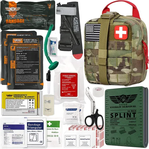 Vista 13 de EVERLIT Kit avanzado de trauma, torniquete CAT GEN-7, compatible con TCCC, bolsa táctica IFAK de combate militar con férula de 36 pulgadas de nylon