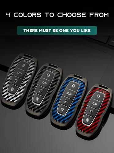 Vista 3 de ontto Funda de llave de automóvil de 4 botones compatible con Ford Equator 2022 2023, funda de metal con textura de carbono, carcasa elegante