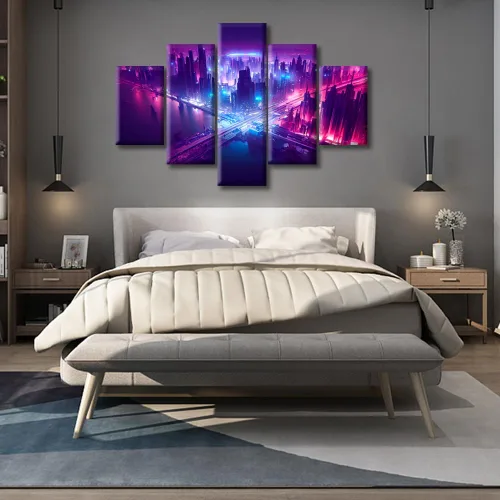 Vista 115 de Cuadros de 5 paneles de Cyberpunk City, arte de pared, representación de vallas publicitarias, edificios modernos en la capital con obras de arte