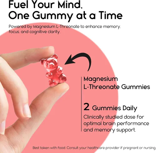 Vista 7 de Gomitas de magnesio L-treonato para adultos y niños de 2000 mg – Suplementos cerebrales para memoria y concentración – Gomitas de magnesio calmantes