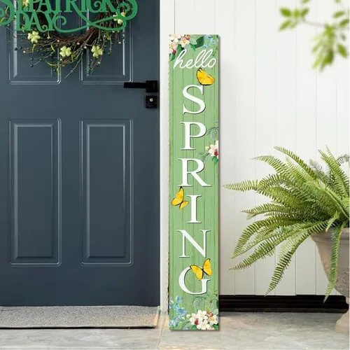 Vista 2 de Letrero de madera con texto en inglés «Hello Spring» para porche de 8 x 48 pulgadas, decoración de flores de mariposa de primavera para colgar