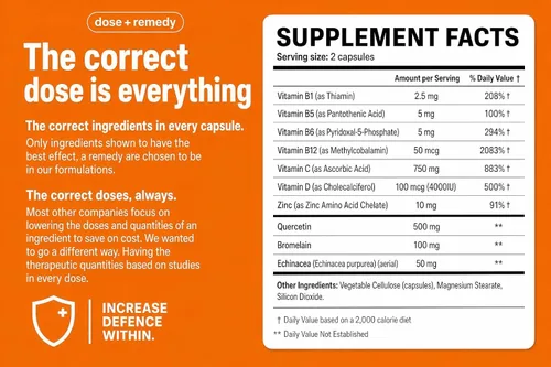 Vista 5 de Una dosis de quercetina de inmunidad con vitamina C y zinc, vitamina D, 500 mg de quercetina bromelina con equinácea y vitaminas B, suplemento