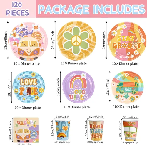 Vista 2 de Juego de vajilla de 120 piezas para fiesta de estilo bohemio hippie con margaritas que incluye platos, servilletas y tazas para decoración de fiesta