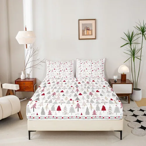 Vista 5 de Manfei Juego de sábanas de Feliz Navidad, tamaño individual, diseño rústico de pinos de dibujos animados, decoración de habitación de niños