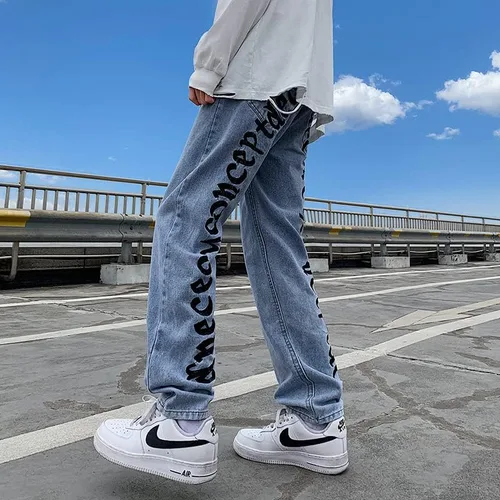 Vista 3 de Jeans para hombre, con letras bordadas, sueltos, estilo hip hop, vintage, holgados, pantalones de monopatín, ropa de calle
