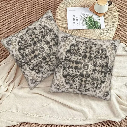 Vista 6 de Juego de 2 fundas de almohada bohemias de 16 x 16 pulgadas, color negro y marrón, fundas de almohada con patrón de alfombra étnica rústica, fundas