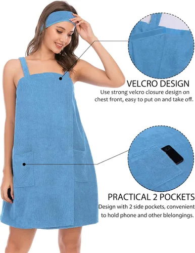 Vista 3 de Rubehoow Bata de baño para mujer con cierre de velcro ajustable con bolsillos y diadema facial