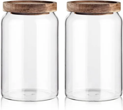 Vista 12 de Labina Recipiente de Almacenamiento de Vidrio Hermético Frascos de Alimentos Recipiente de Cocina con Tapas de Madera, 20 Oz Boca Ancha Organización