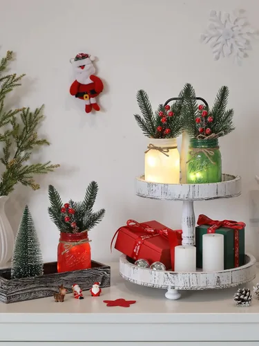 Vista 5 de Tarros de cristal de Navidad, centro de mesa de Navidad para mesa, juego de 3 tarros de albañil coloridos con luces y plantas artificiales
