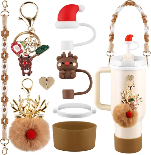 Vista 14 de Set de accesorios negros para vaso Stanley, correa para asa de botella de agua, funda de silicona, cubierta de pajita con lazo, dijes de perla, tapa