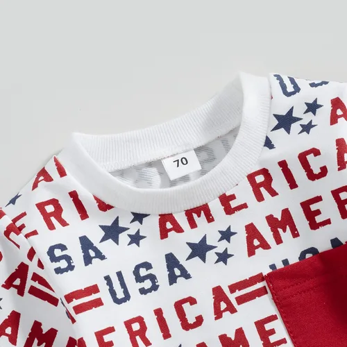 Vista 3 de Ynibbim Conjunto de ropa de verano para niños pequeños del 4 de julio, camiseta con estampado de letras y pantalones cortos de algodón
