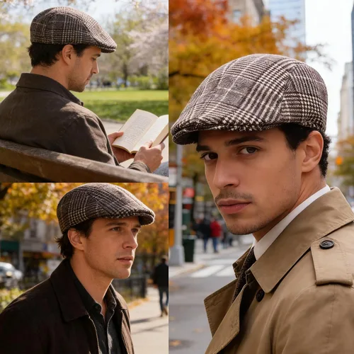 Vista 4 de Gorra de lana clásica de tweed de espiga para hombre, gorra plana Gatsby Ivy Cabbie Hat Medium
