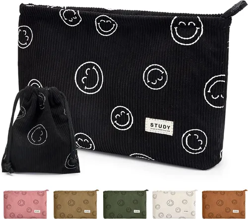 Vista 21 de WLLWOO - 2 bolsas de maquillaje de pana con cara sonriente, bolsa de cosméticos con cremallera interior impermeable, estuche para lápices, monedero