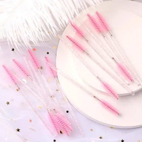 Vista 7 de Tbestmax 100 cepillos desechables para pestañas, varitas de rímel para extensión de pestañas de ojos, cejas y maquillaje, color rosa