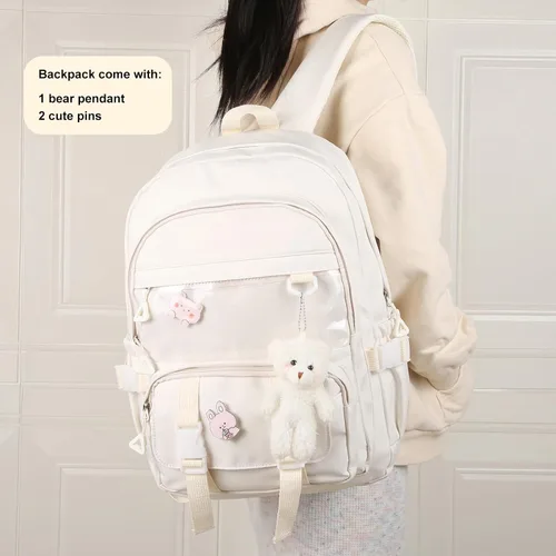 Vista 2 de Phaoullzon Mochila Kawaii para niñas, mochila escolar linda de anime con alfileres y colgante, Beige, Mediana, Moderno