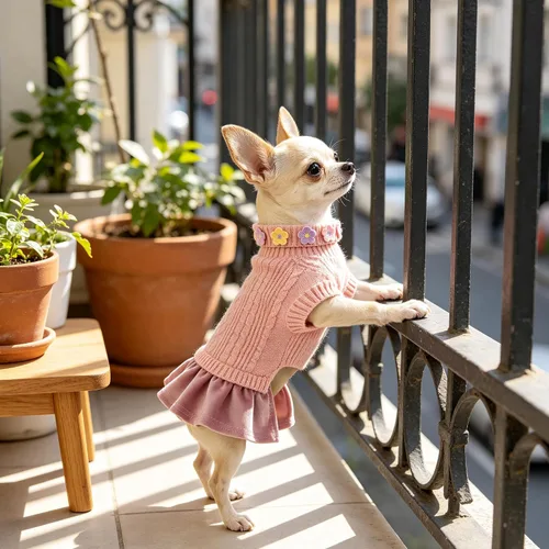 Vista 6 de YUDODO Small Dog Sweater Dress with Bowtie Turtleneck - Knitted Pet Clothes Dusty Pink