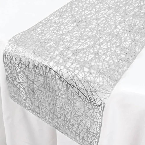 Vista 6 de Efavormart - Camino de mesa de vinilo tejido de plástico antideslizante plateado metálico de 13 pulgadas x 6 pies, camino de mesa reversible Plata