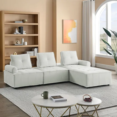 Vista 18 de Quarte Sofá seccional en forma de U, sofá modular con dos asientos individuales, dos sillas, combinación de bricolaje, tela de hilo en bucle Beige/5