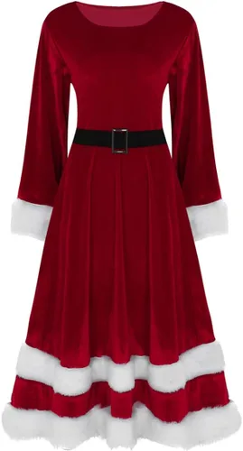 Vista 4 de JEATHA Disfraz de terciopelo de Navidad para mujer, vestido de manga larga con vuelo, vestido de Navidad