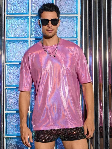 Vista 3 de WDIRARA Camiseta holográfica para hombre, manga corta, cuello redondo, brillante, para fiesta, club, camiseta sin mangas