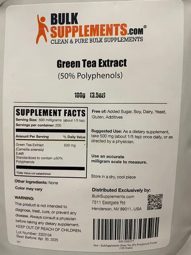 Vista 3 de BulkSupplements. Comgreen - Extracto de té en polvo, suplemento de 50% polifenoles, suplementos EGCG, sin gluten, 500 mg por porción, 3.53 oz