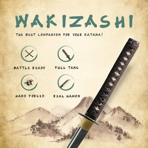 Vista 2 de Espada Wakizashi japonesa hecha a mano, práctica, forjada a mano, acero al carbono 1045/1060/1080, templado al calor, espiga completa, afilada