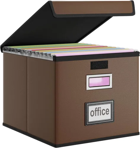 Vista 49 de Caja organizadora de archivos Huolewa con tapa, caja organizadora de carpetas de archivos colgantes de cuero sintético plegable con deslizadores