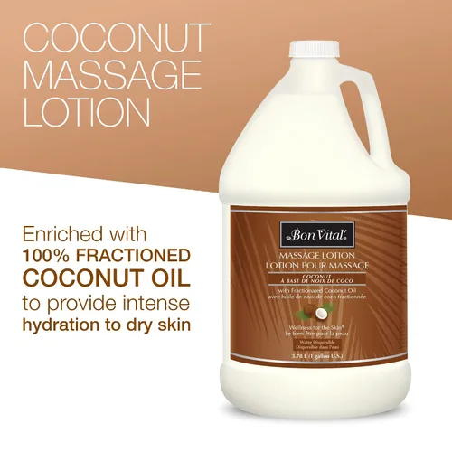 Vista 3 de Loción Bon Vital para masaje de coco, 1 galón, fórmula ligera con aceite de coco fraccionado puro, loción profesional para terapia, hidratante y sin
