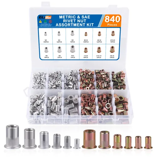 Vista 7 de Kit de herramientas de tuerca de remache, 400 piezas SAE y kit surtido de tuercas remachadoras métricas, insertos de cabeza plana de acero al