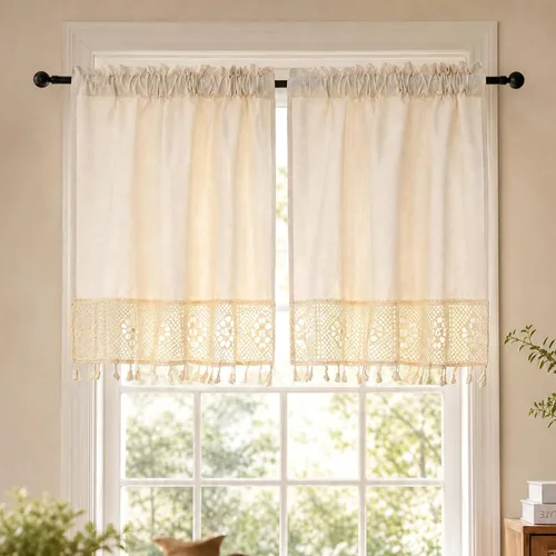 Vista 10 de Molaxhome Cenefas de ventana bordadas florales opacas con bolsillo para barra, cortinas para cocina, color verde, 29 pulgadas de ancho x 24 pulgadas