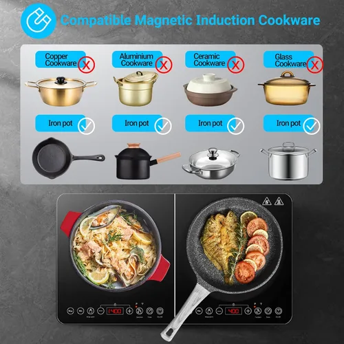 Vista 5 de Aobosi - Cocina de doble inducción, cocina de inducción portátil con control independiente de 2 quemadores, cuerpo ultrafino, 10 temperaturas, 1800